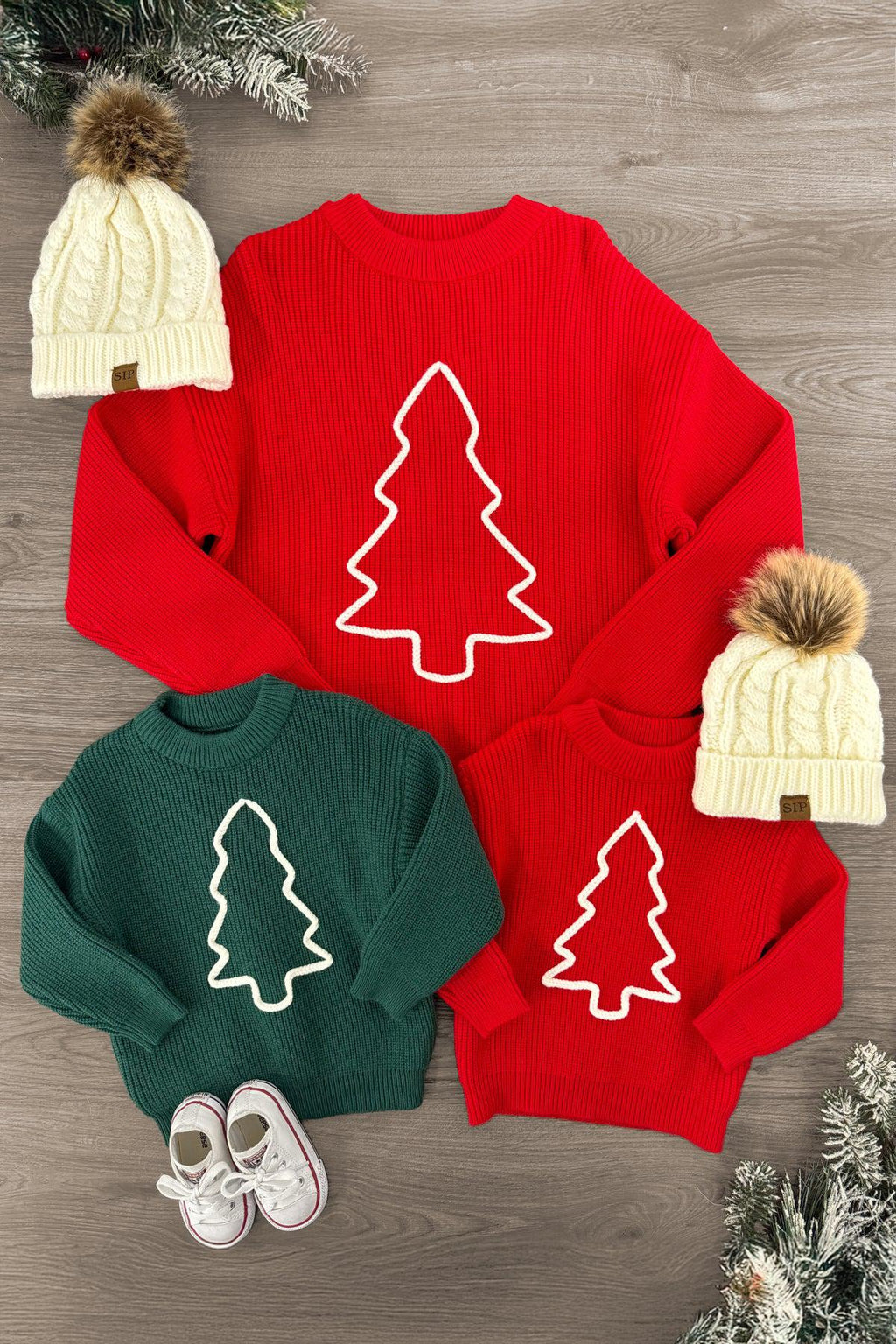 Mom & Kid - Red & Green Christmas Tree Knit Sweater | Sparkle in Pink