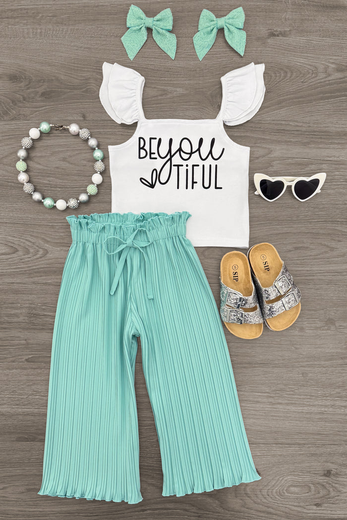 "Be You Tiful" Mint Pant Set - 6-12 Months - Mint ribbed wide-leg pants with drawstring waist, white ruffled crop top with "Be You Tiful" text, mint hair bows, beaded.