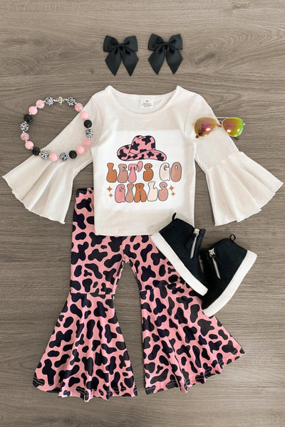 Let's Go Girls Pink Cow Print Bell Bottom Set