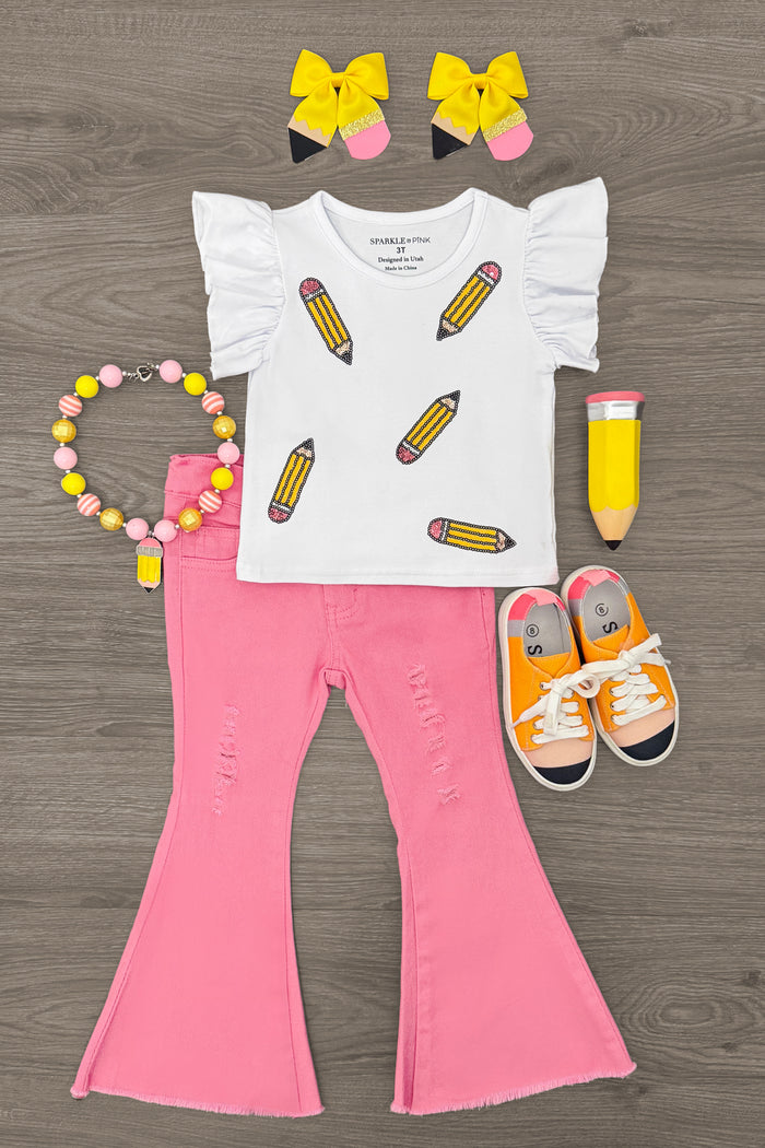 Pink Pencil Flare Denim Pant Set - 3T - White short-sleeve shirt with pencil prints paired with pink flare denim pants and orange sneakers, yellow bow clips, and.