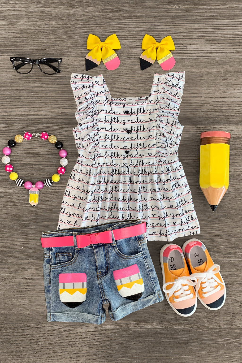 "Pre-K - Sixth Grade" Notebook Denim Short Set | Sparkle in Pink