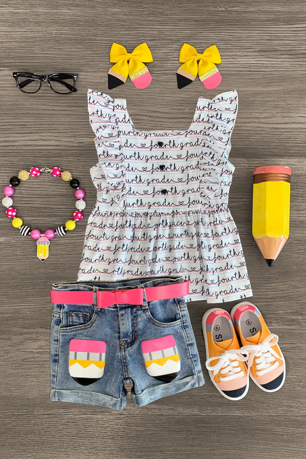 "Pre-K - Sixth Grade" Notebook Denim Short Set | Sparkle in Pink