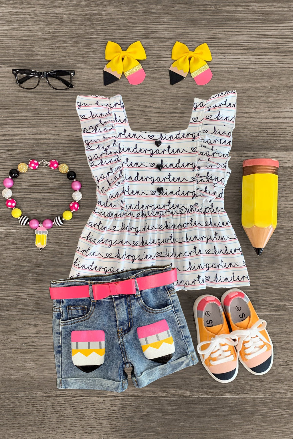 "Pre-K - Sixth Grade" Notebook Denim Short Set | Sparkle in Pink