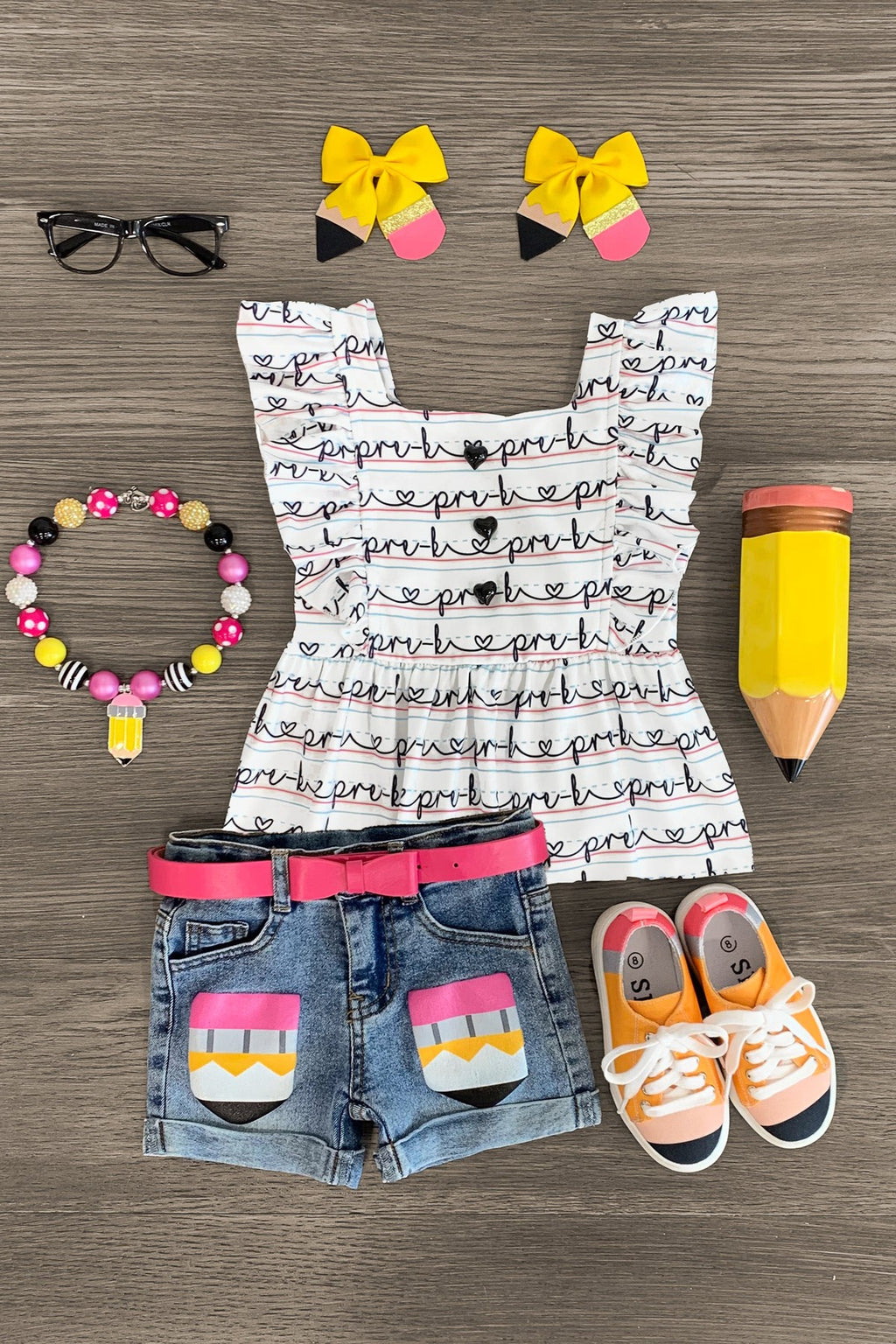"Pre-K - Sixth Grade" Notebook Denim Short Set | Sparkle in Pink
