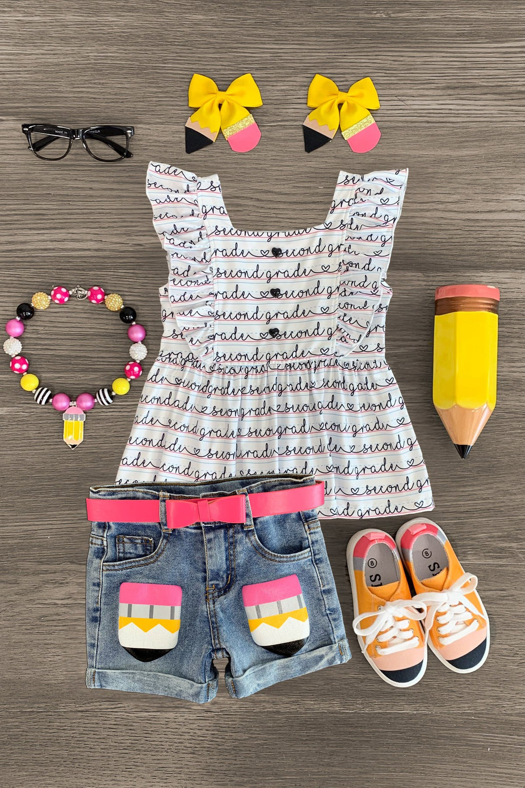 "Pre-K - Sixth Grade" Notebook Denim Short Set | Sparkle in Pink