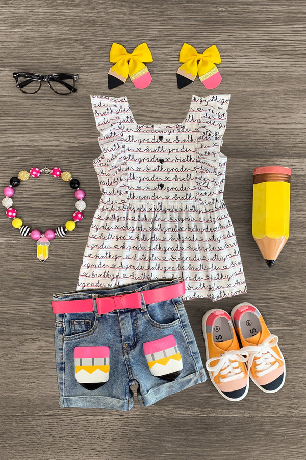 "Pre-K - Sixth Grade" Notebook Denim Short Set | Sparkle in Pink