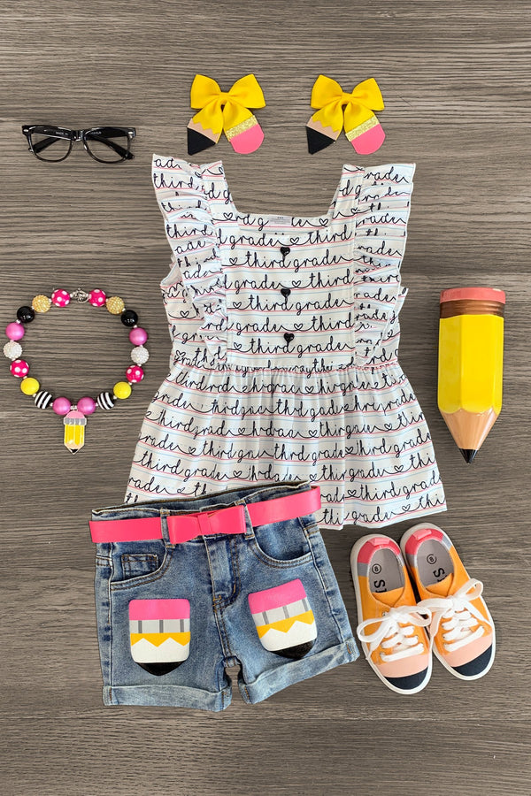 "Pre-K - Sixth Grade" Notebook Denim Short Set | Sparkle in Pink