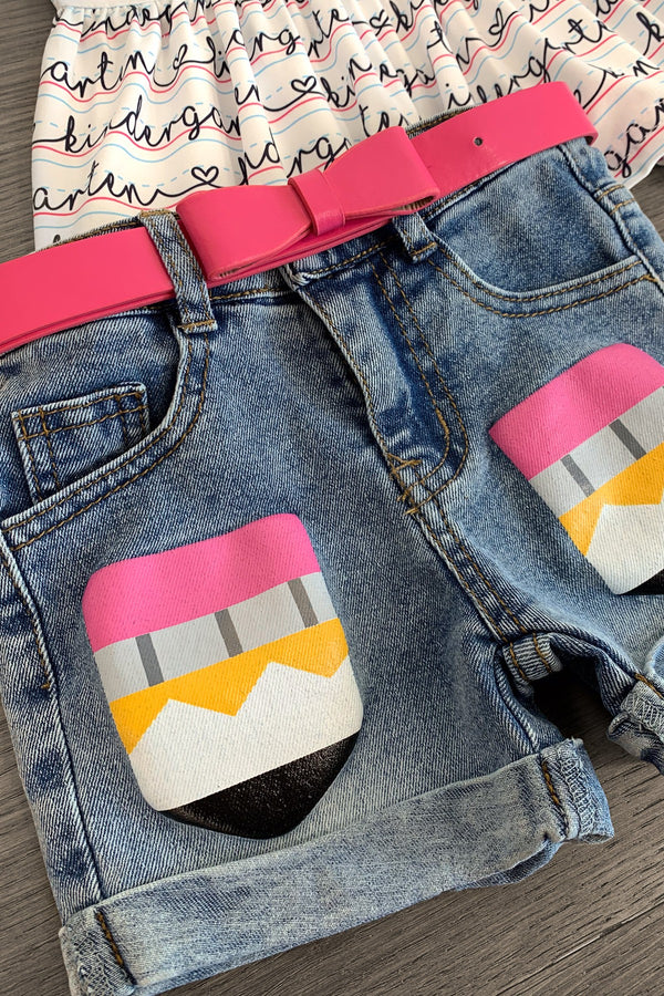 "Pre-K - Sixth Grade" Notebook Denim Short Set | Sparkle in Pink