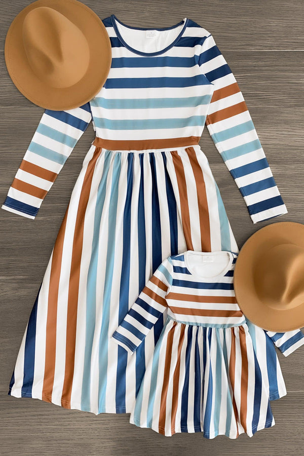 Mom & Me - Blue & White Striped Dress - Sparkle in Pink