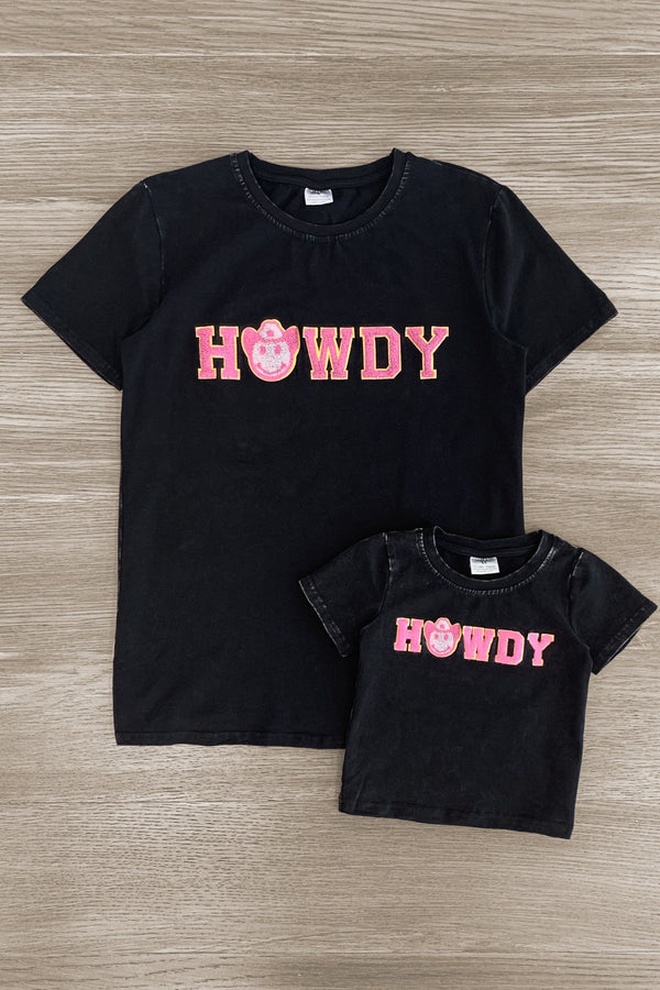 Mom & Me - "Howdy" Black Chenille Patch Top | Sparkle in Pink