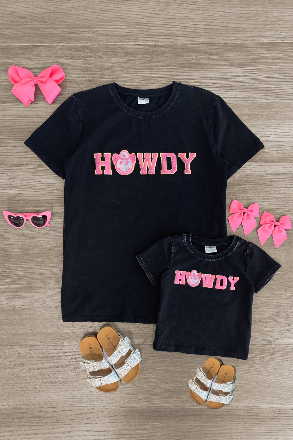 Mom & Me - "Howdy" Black Chenille Patch Top | Sparkle in Pink