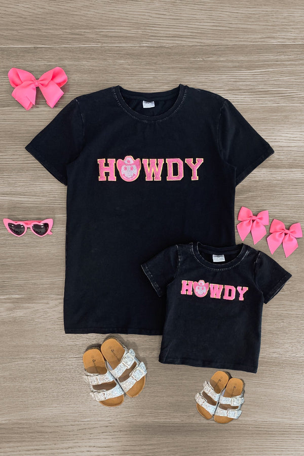 Mom & Me - "Howdy" Black Chenille Patch Top | Sparkle in Pink
