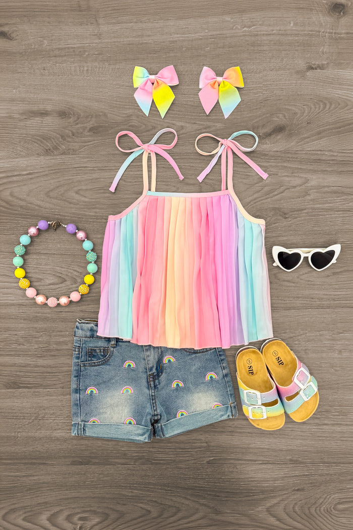 Pastel Rainbow Denim Short Set - 6-12 Months - Pastel rainbow striped tank top with tie straps, denim shorts with embroidered rainbows, yellow sandals, heart-shaped.