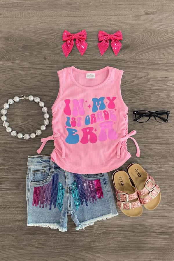 "In My Pre-K - 6th Grade Era" Denim Short Set | Sparkle in Pink