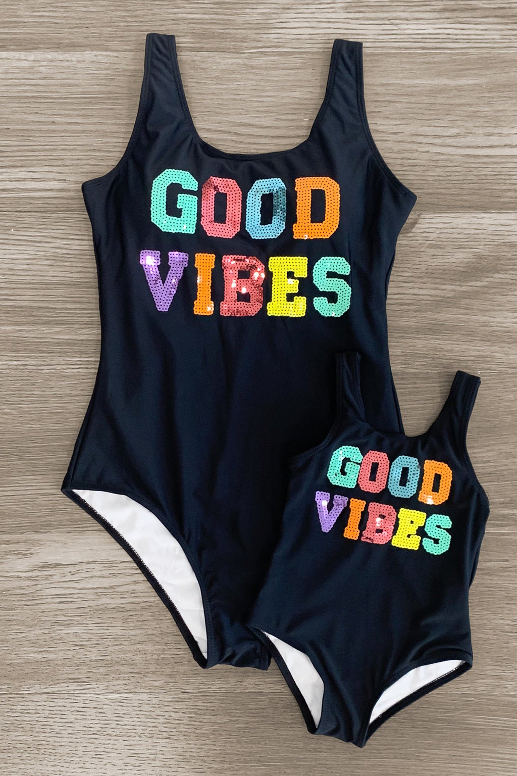 Mom & Me - "Good Vibes" Black Sequin Swimsuit | Sparkle in Pink