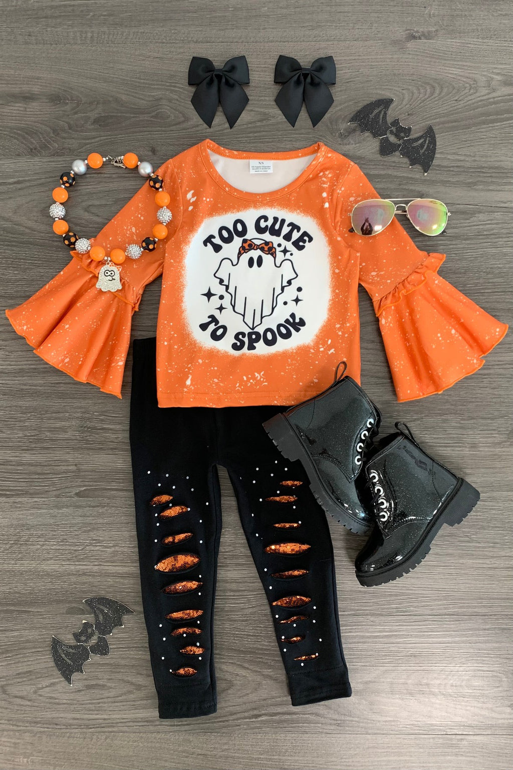 "Too Cute To Spook" Bell Sleeve Distressed Legging Set - Sparkle in Pink