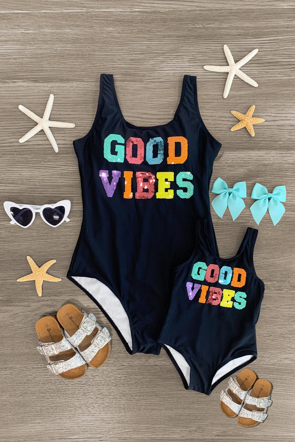 Mom & Me - "Good Vibes" Black Sequin Swimsuit | Sparkle in Pink