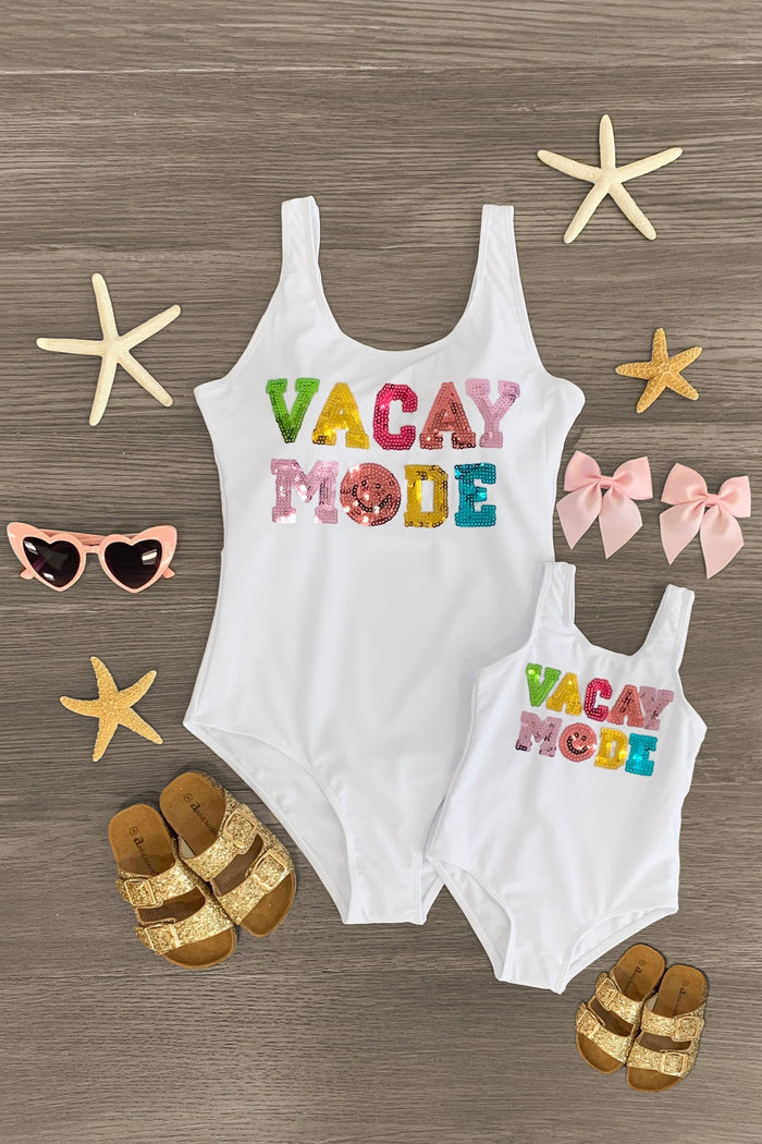 Mom & Me - "Vacay Mode" White Sequin Swimsuit - CHILD-6-12 Months - White sequin swimsuits with colorful "Vacay Mode" text for mom and child, tank style.