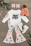"Stay Cozy" Christmas Tree Bell Bottom Set | Sparkle in Pink