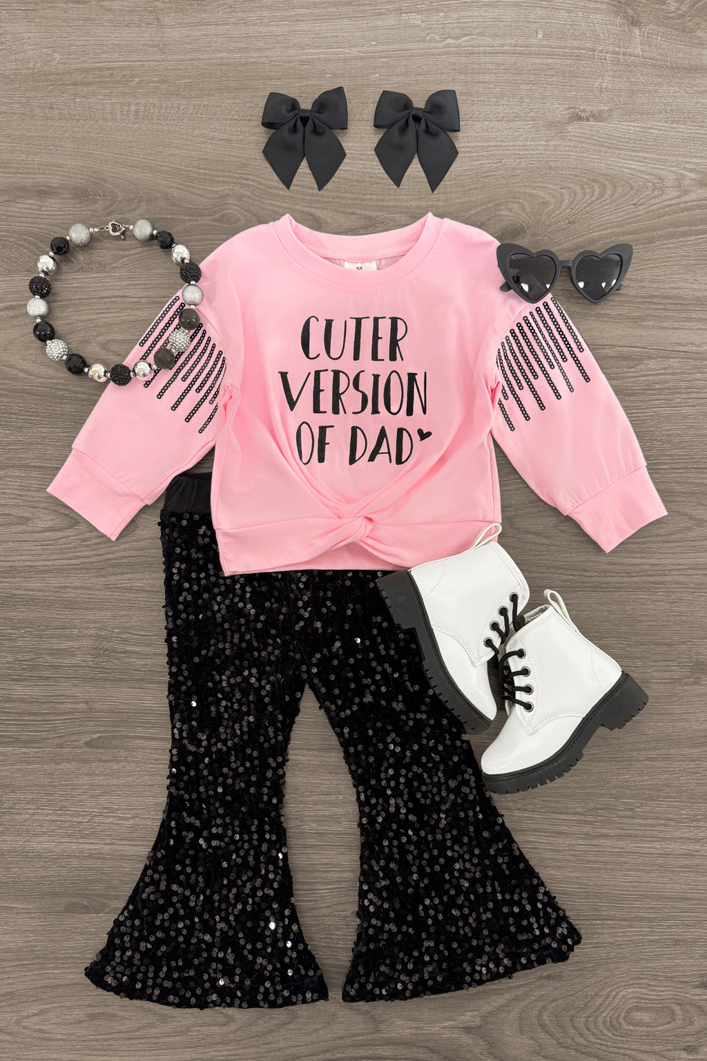 "Cuter Version Of Dad" Velvet Sequin Bell Bottom Set | Sparkle in Pink