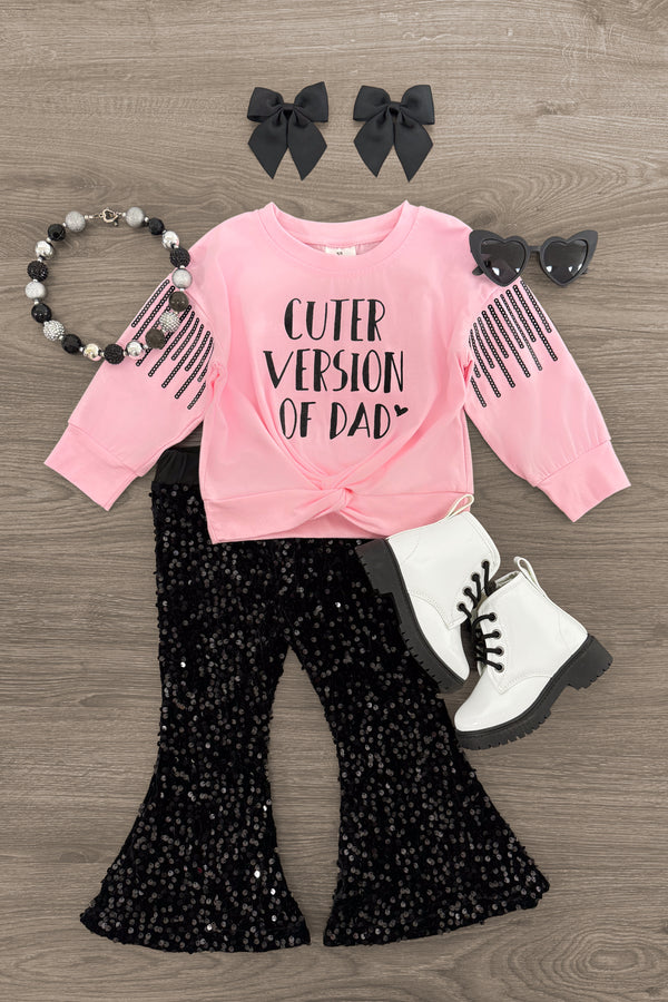 "Cuter Version Of Dad" Velvet Sequin Bell Bottom Set | Sparkle in Pink