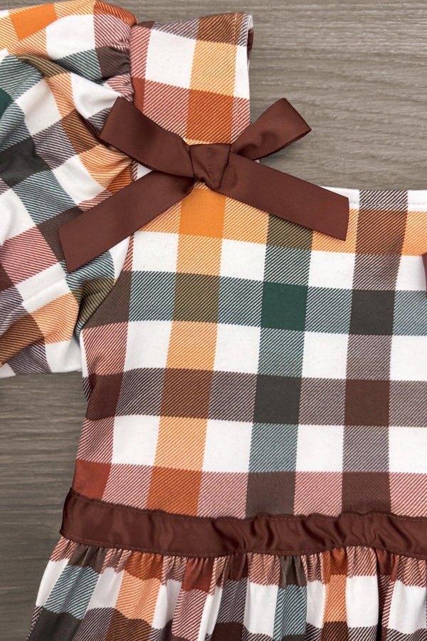 Green & Brown Checkered Top & Dress - Boy Or Girl - Girl / 6-12 Months - Green, brown, white, and orange checkered dress with puff sleeves and brown ribbon accents.