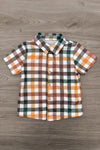 Green & Brown Checkered Top & Dress - Boy Or Girl - Girl / 6-12 Months - Short-sleeve button-up shirt with green, brown, orange, and white checkered pattern.