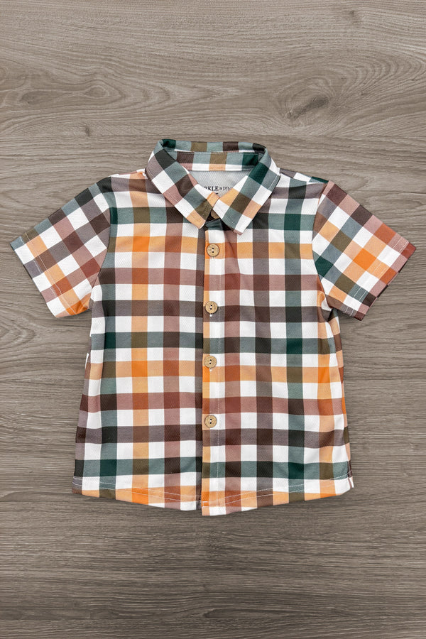 Green & Brown Checkered Top & Dress - Boy Or Girl - Girl / 6-12 Months - Short-sleeve button-up shirt with green, brown, orange, and white checkered pattern.