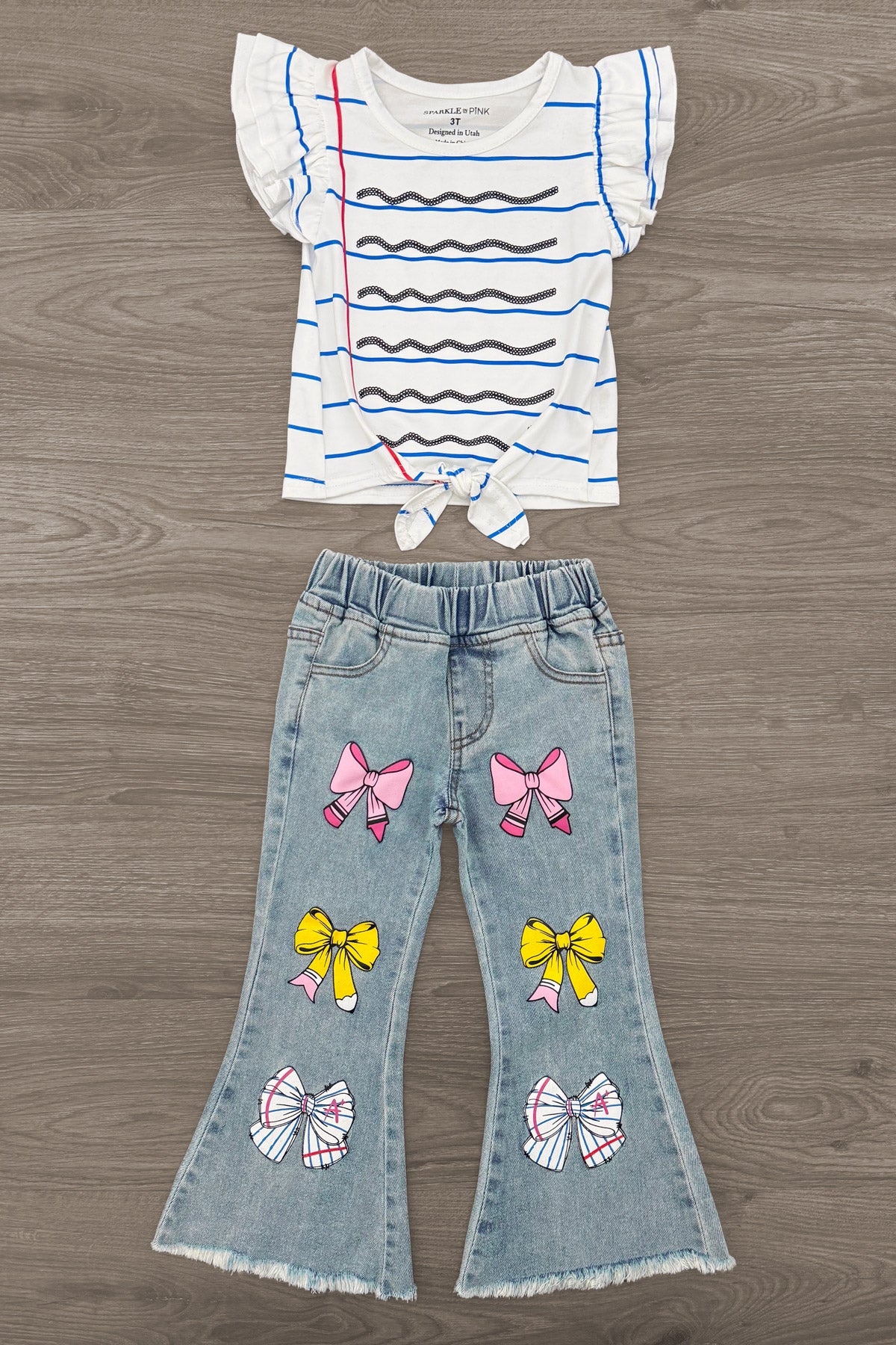 Notebook Bow Flare Denim Pant Set