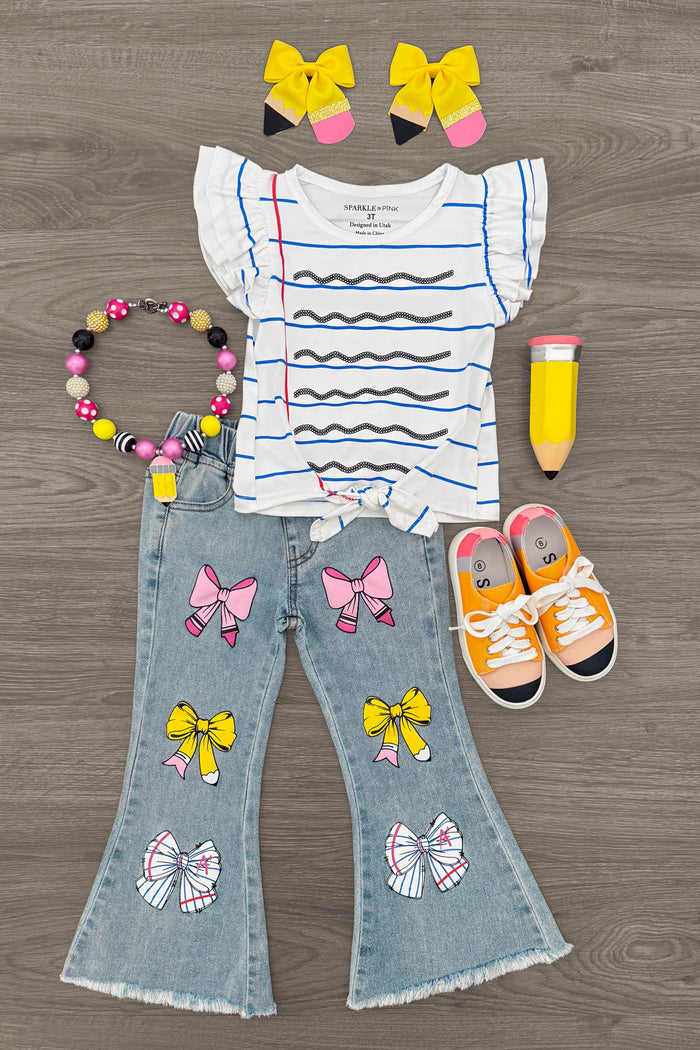 Notebook Bow Flare Denim Pant Set - 3T - White flutter sleeve top with blue and pink notebook stripe print, flared denim jeans with colorful bow and butterfly.