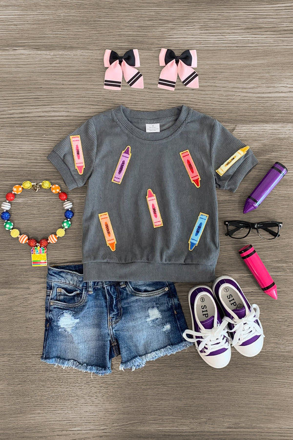 Mom & Me - Gray Corduroy Crayon Top | Sparkle in Pink