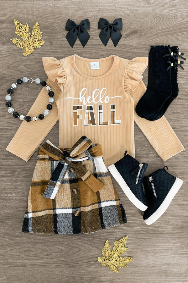 "Hello Fall" Brown Plaid Skirt Set - Sparkle in Pink