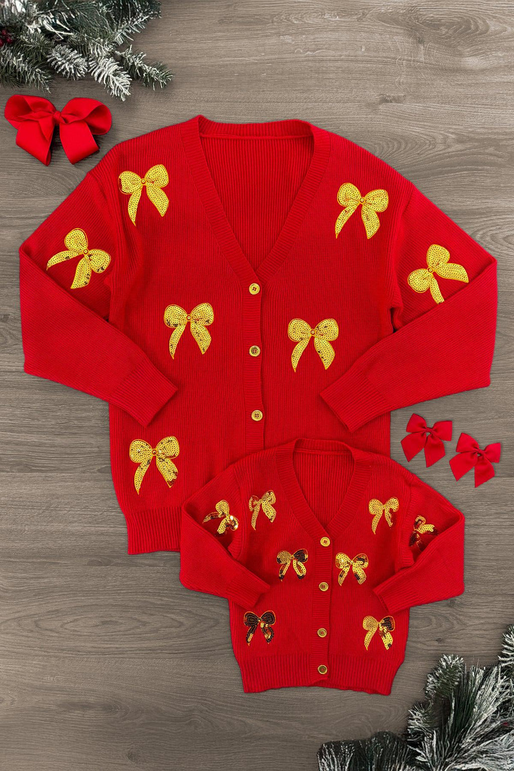 Mom & Me - Red & Gold Bow Sweater Cardigan | Sparkle in Pink