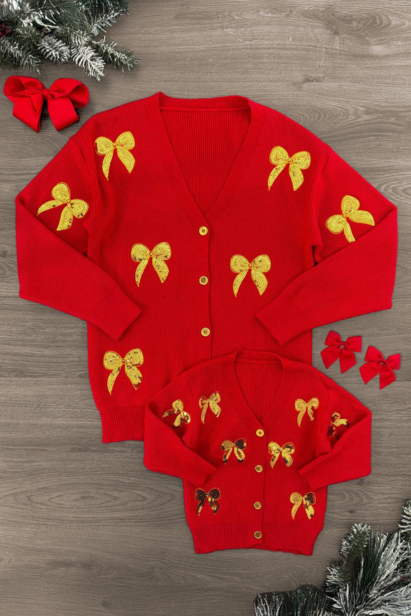 Mom & Me - Red & Gold Bow Sweater Cardigan | Sparkle in Pink