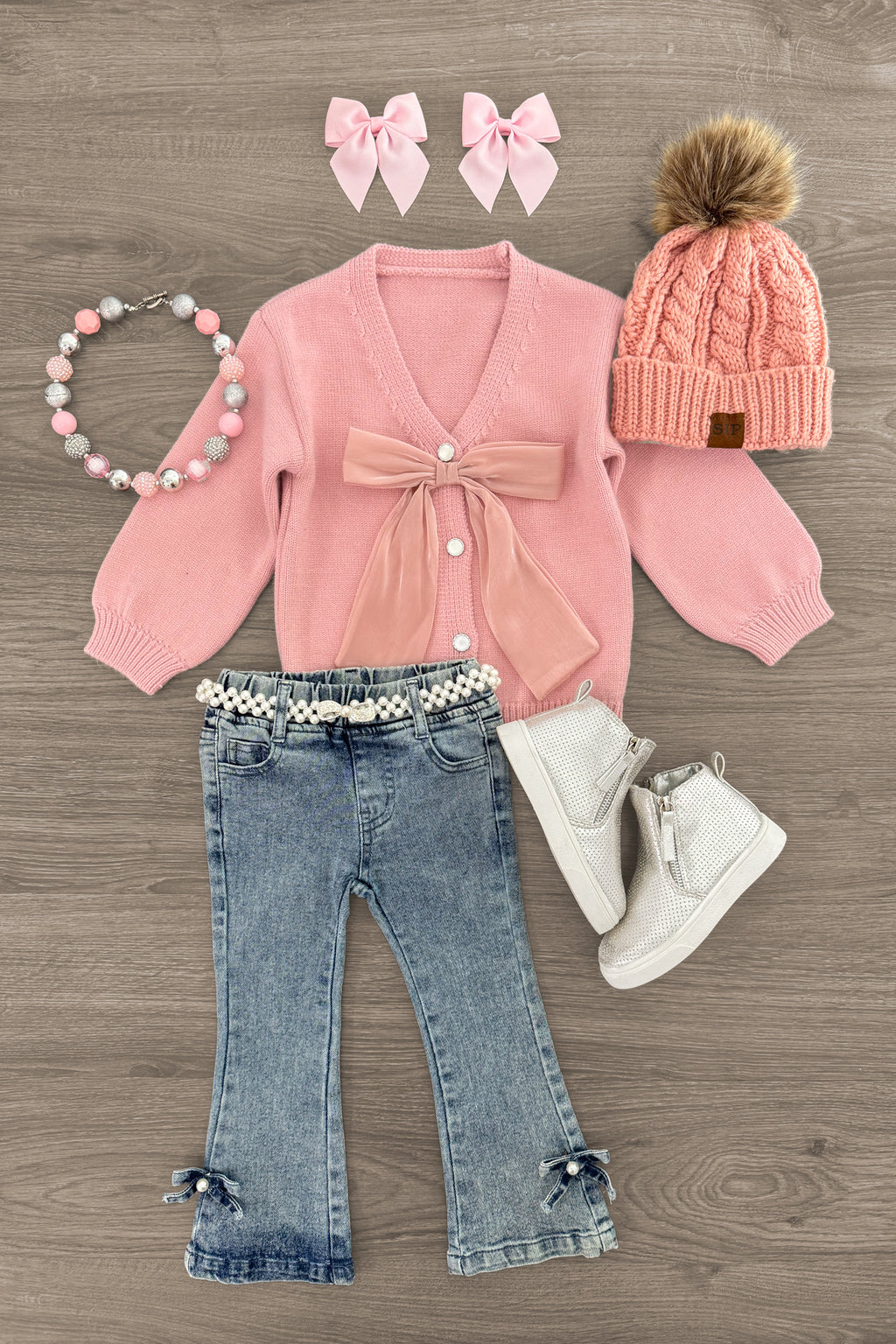 Bows & Pearls Flare Denim Jeans | Sparkle in Pink