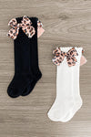 Knee High Silk Leopard Bow Socks - Sparkle in Pink