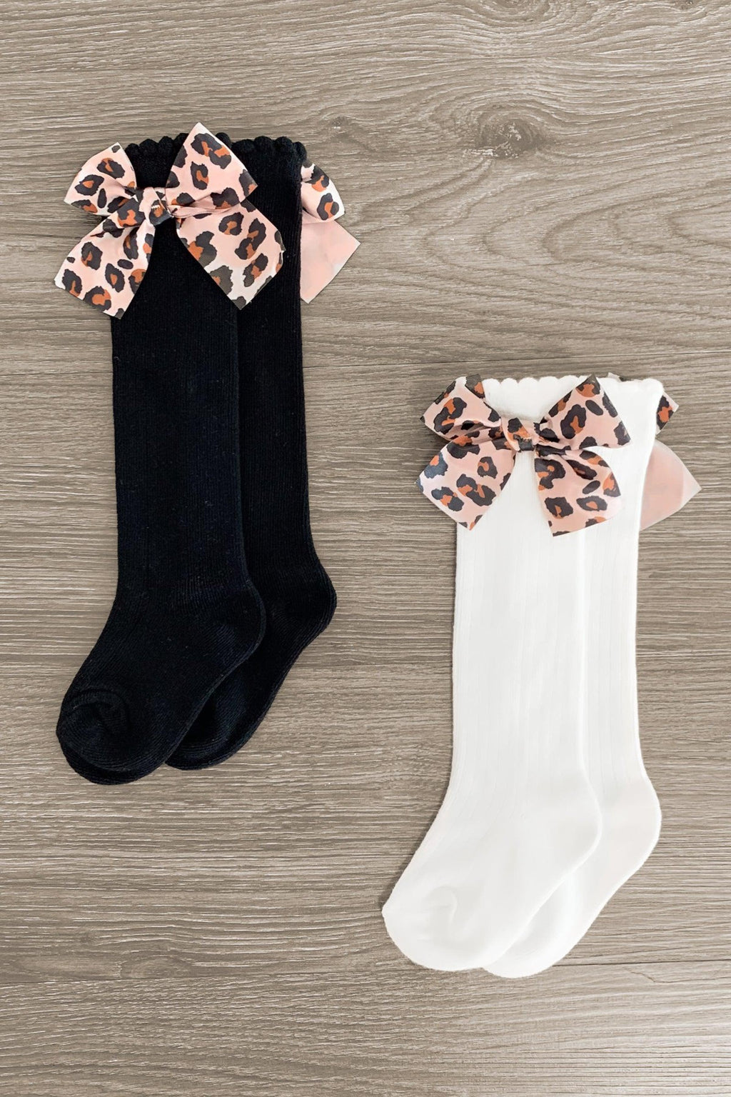 Knee High Silk Leopard Bow Socks - Sparkle in Pink