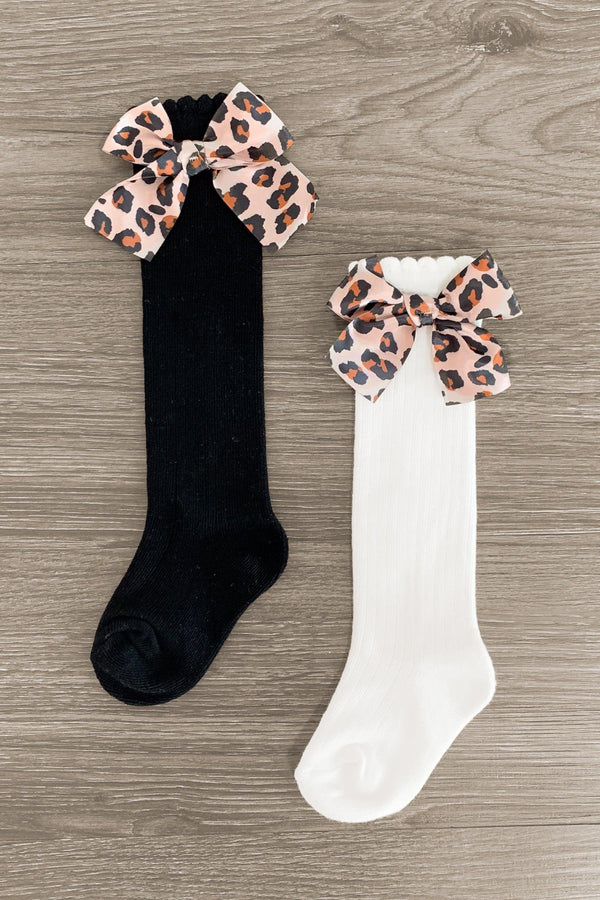 Knee High Silk Leopard Bow Socks - Sparkle in Pink