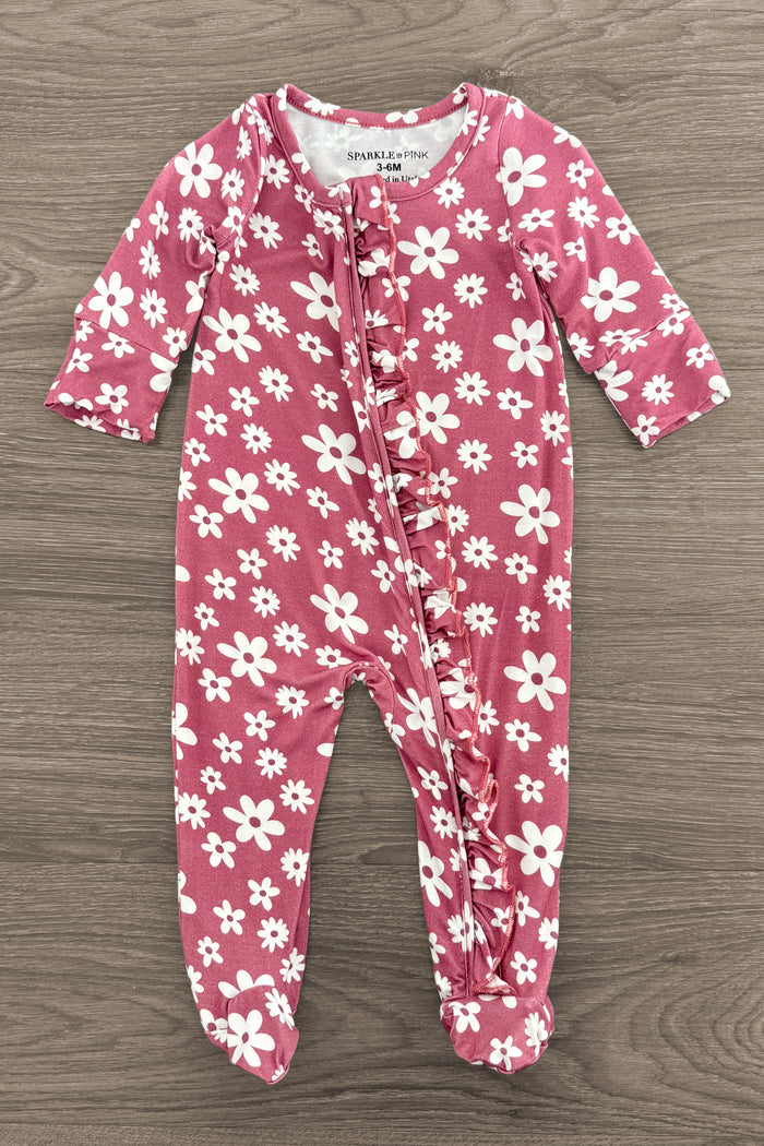 Bamboo Plum Blossom Ruffle Onesie - Newborn - Pink bamboo onesie with white plum blossom print and front snap closures, ruffled collar.