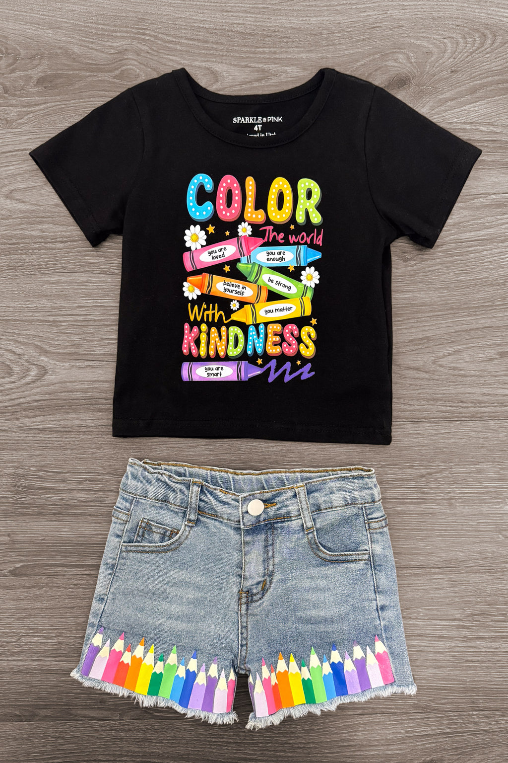 Mom & Me - "Color The World" Top & Short Set - 3T - Black short-sleeve top with colorful "Color The World" text and rainbow design, paired with light denim shorts featuring a.