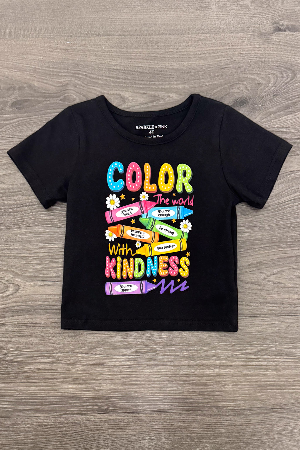 Mom & Me - "Color The World" Top & Short Set - 3T - Black short-sleeve toddler t-shirt with colorful "Color The World with Kindness" crayon graphic text.