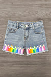 Mom & Me - "Color The World" Top & Short Set - 3T - Light wash denim shorts with colorful pencil crayon print along hem, front button closure.