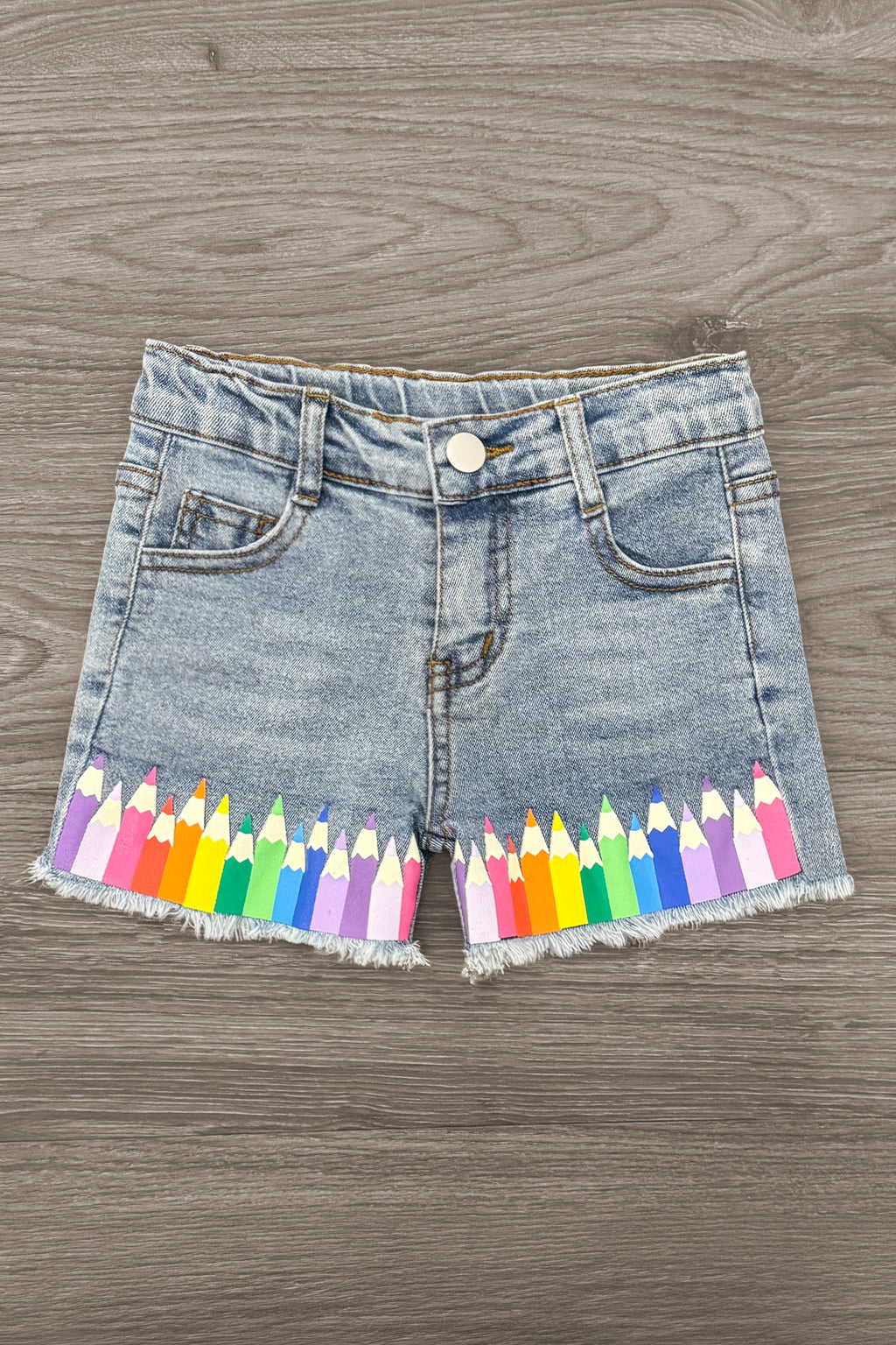 Mom & Me - "Color The World" Top & Short Set - 3T - Light wash denim shorts with colorful pencil crayon print along hem, front button closure.