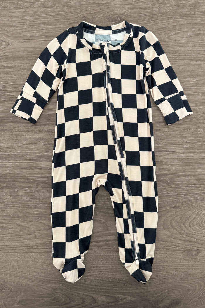 Bamboo Modern Checks Onesie - Newborn - Black and tan checkered bamboo fabric onesie with footed legs and front zipper closure.