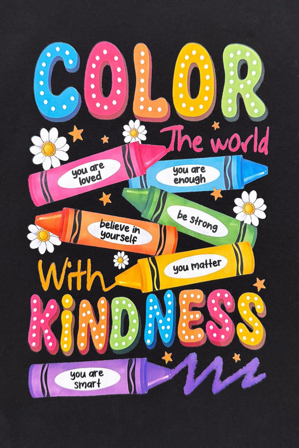 Mom & Me - "Color The World" Top & Short Set - 3T - Black toddler top with colorful "Color The World with Kindness" crayon and flower graphic design.