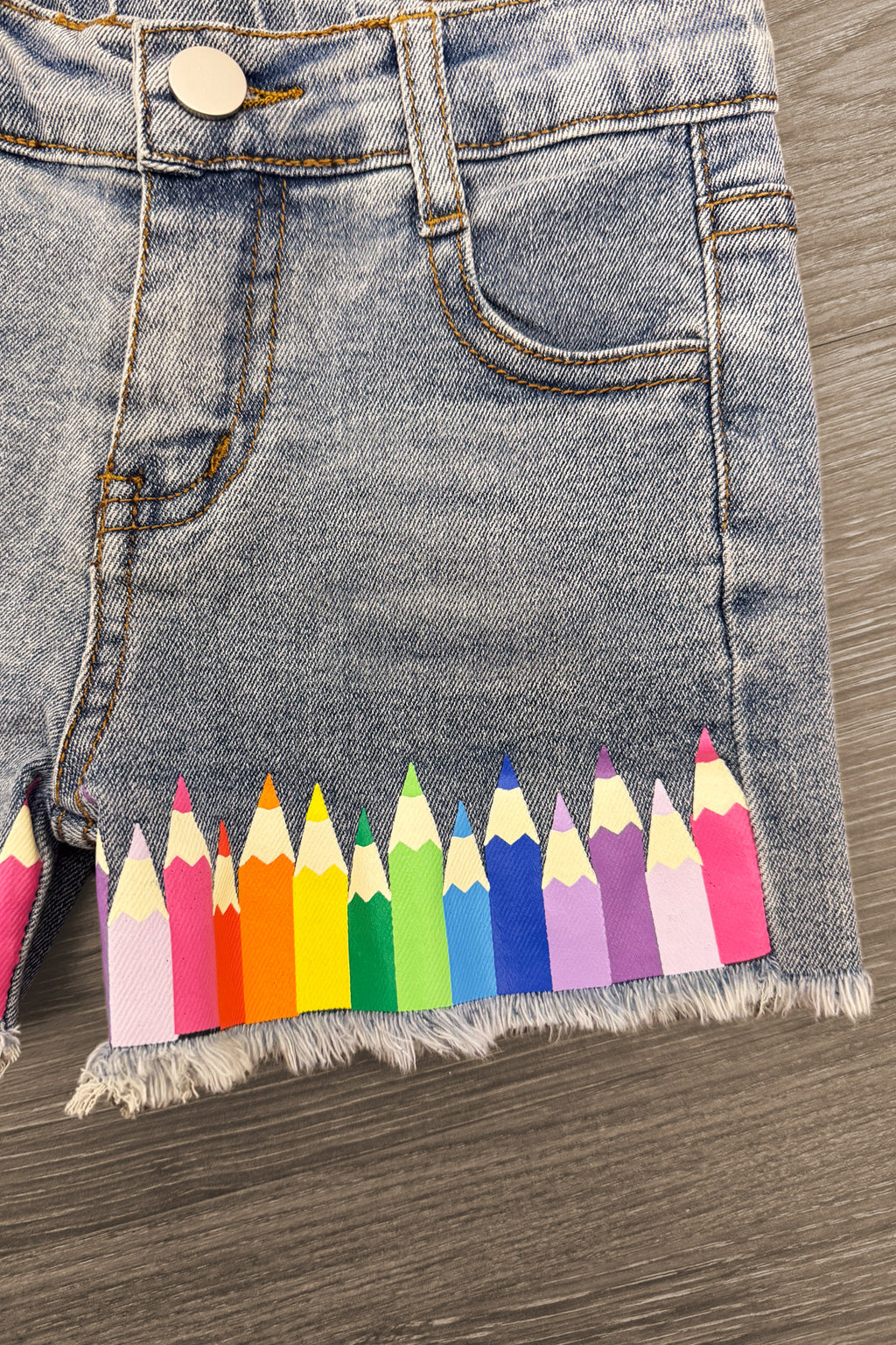 Mom & Me - "Color The World" Top & Short Set - 3T - Light wash denim shorts with frayed hem and colorful pencil graphics along the bottom edge.