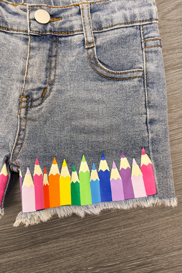 Mom & Me - "Color The World" Top & Short Set - 3T - Light wash denim shorts with frayed hem and colorful pencil graphics along the bottom edge.