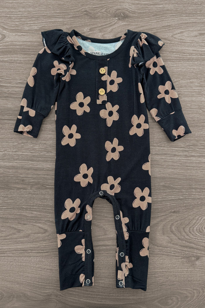 Bamboo Midnight Blossom Onesie - Newborn - Black long-sleeve baby onesie with tan floral print and ruffled shoulder detail.