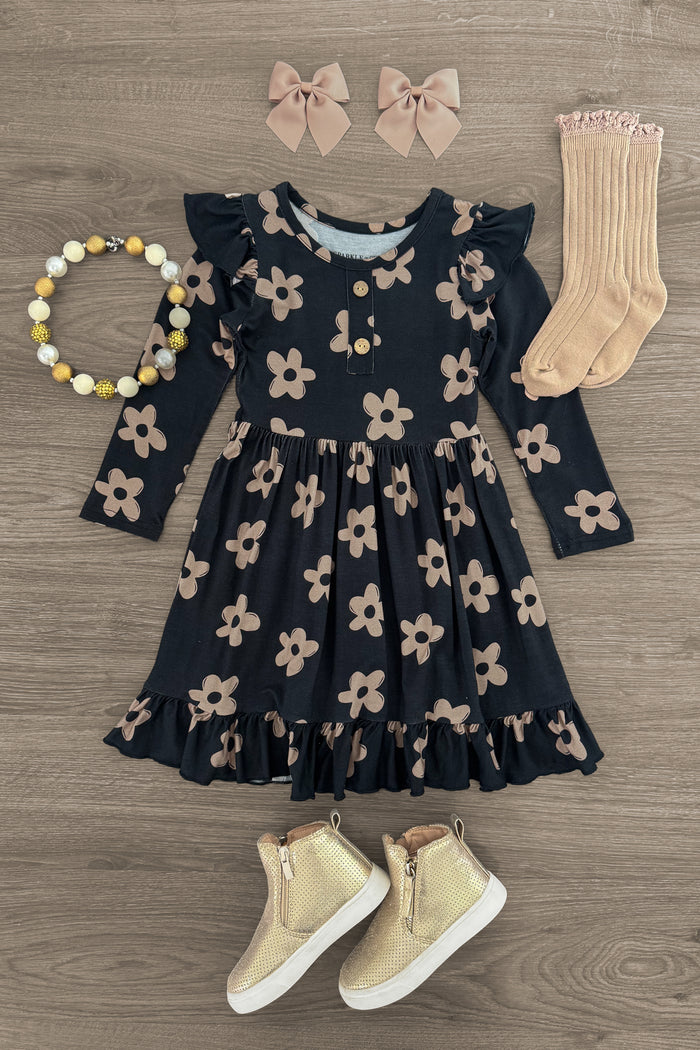 Bamboo Midnight Blossom Dress - 3XS-6-12 Months - Black bamboo dress with tan floral print, ruffled sleeves, and a flared skirt for toddlers.