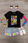 Mom & Me - "Color The World" Top & Short Set - 3T - Black t-shirt with colorful "Color the World with Kindness" text paired with denim shorts featuring rainbow paintbrush.